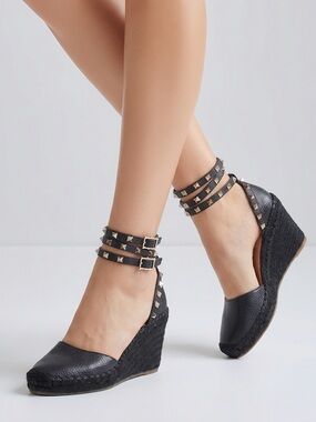 Valentino Garavani Grained denim Rockstud Ankle Wrap Espadrilles Wedges
